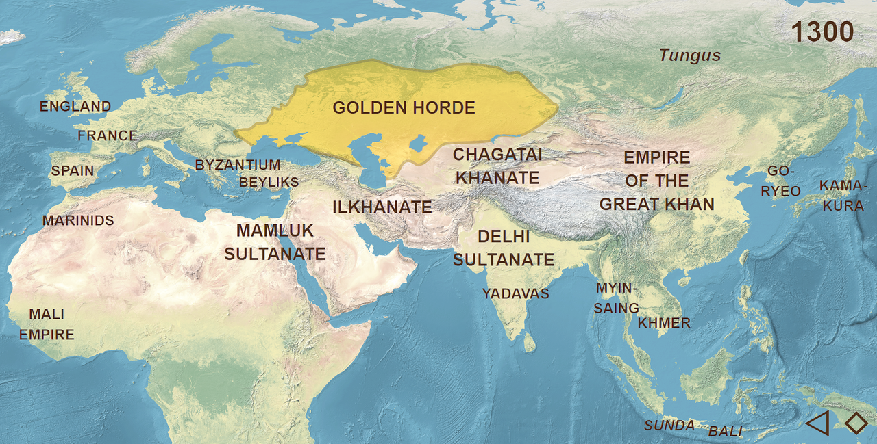 Euraasia kaart aastal 1300, kus Kuldhordi territoorium on tähistatud kuldkollase alaga Musta ja Kaspia mere põhjaosas