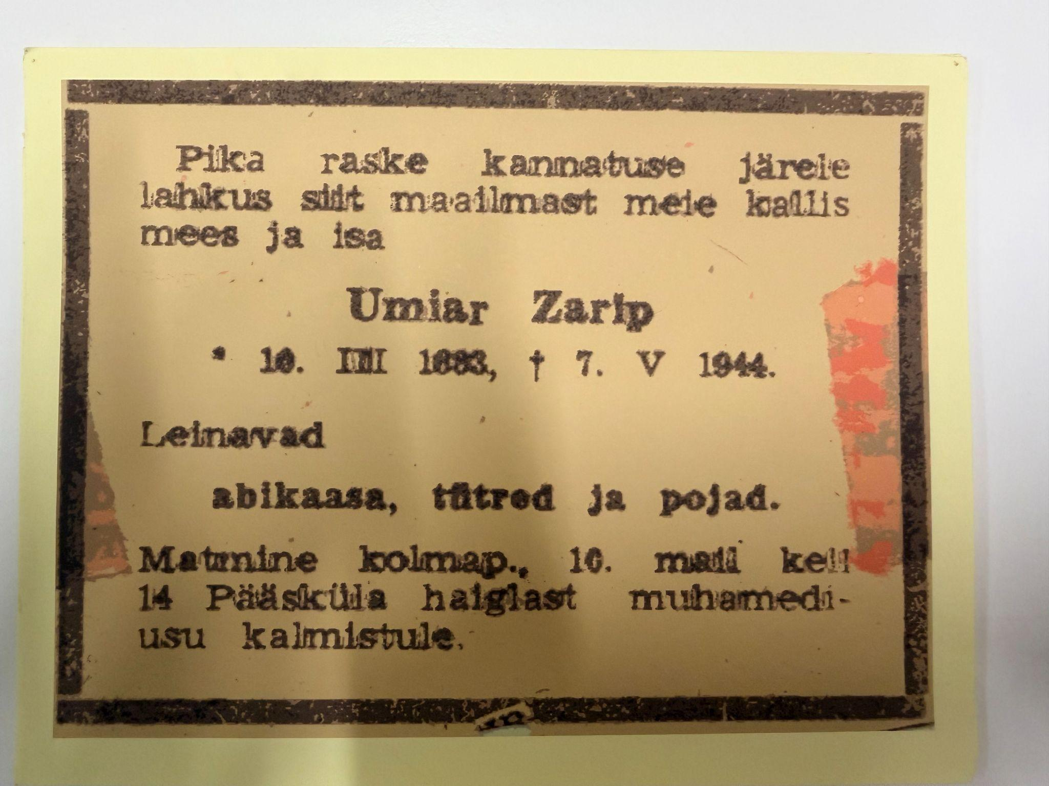 The obituary of Umiar Zarip (1944)