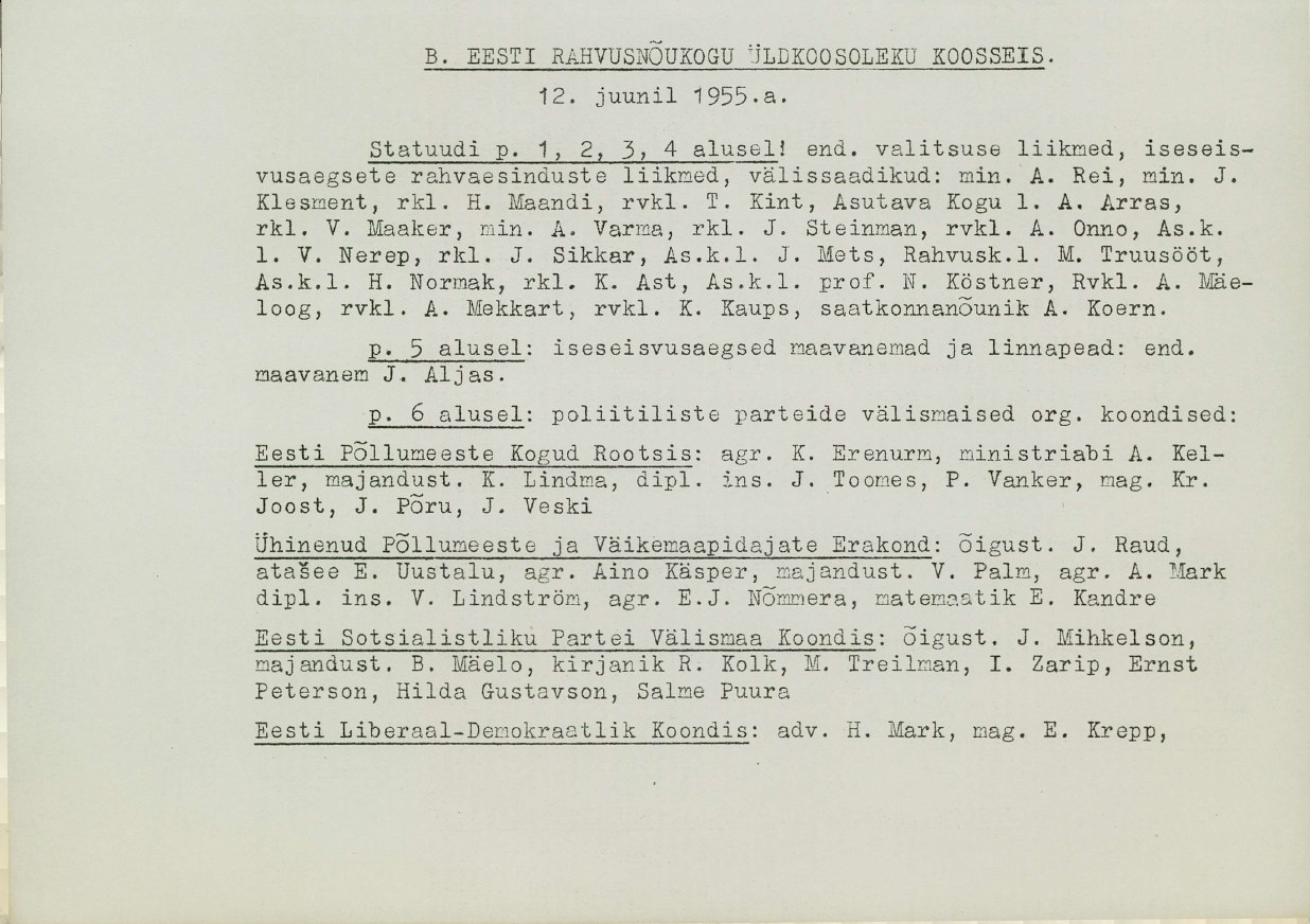 Eesti Rahvusnõukogu üldkoosoleku koosseis, 12. juuni 1955